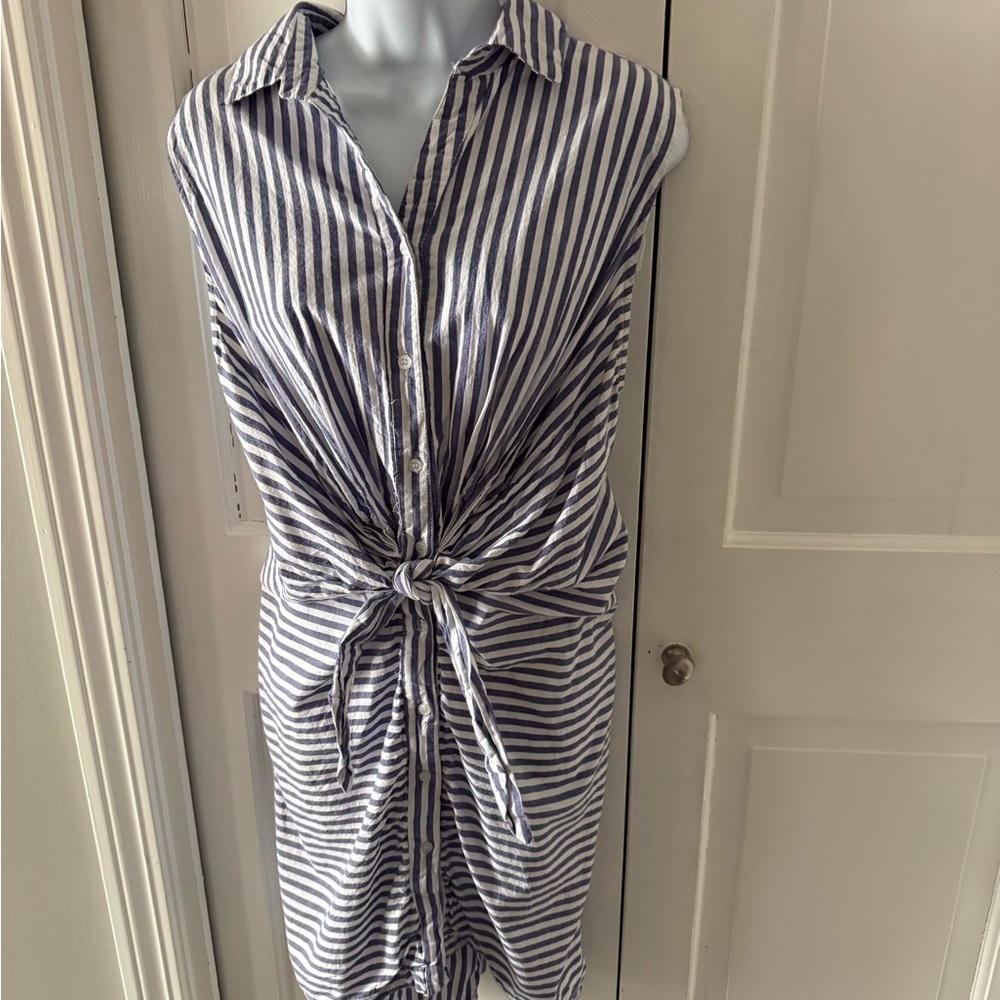 Lush Navy and White Striped Tie-Front Midi Dress - Picture 2 of 5